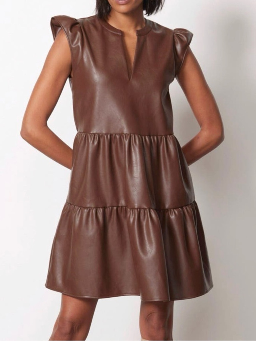 Evereve Ella Shift Mini Dress Brown Faux Leather Large